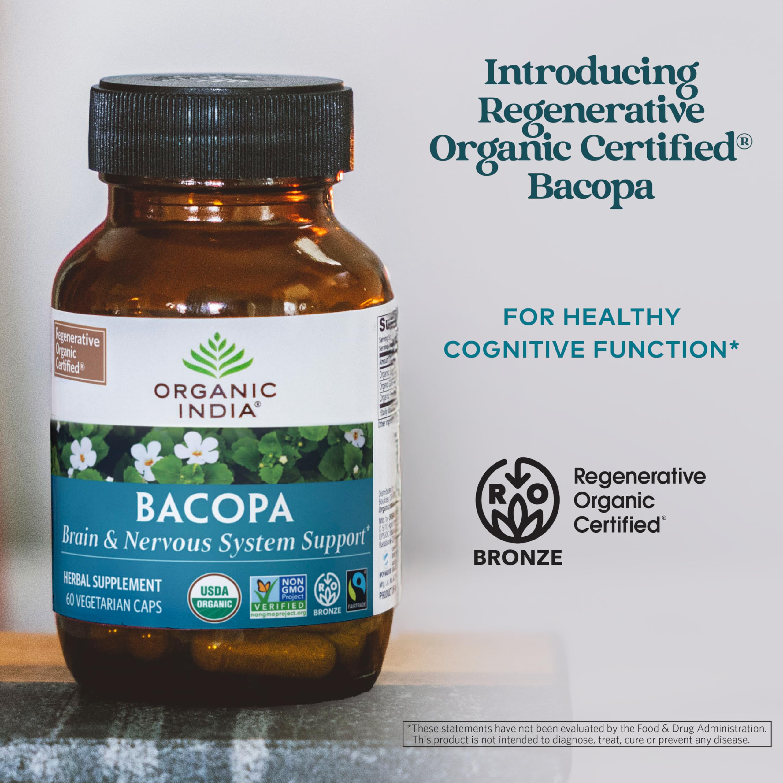 Organic India fairtrade emblem beside Bacopa capsules