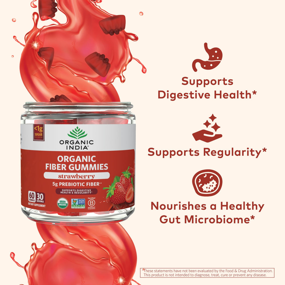 organic india fiber gummies prebiotic fiber ingredient label highlights organic quality.