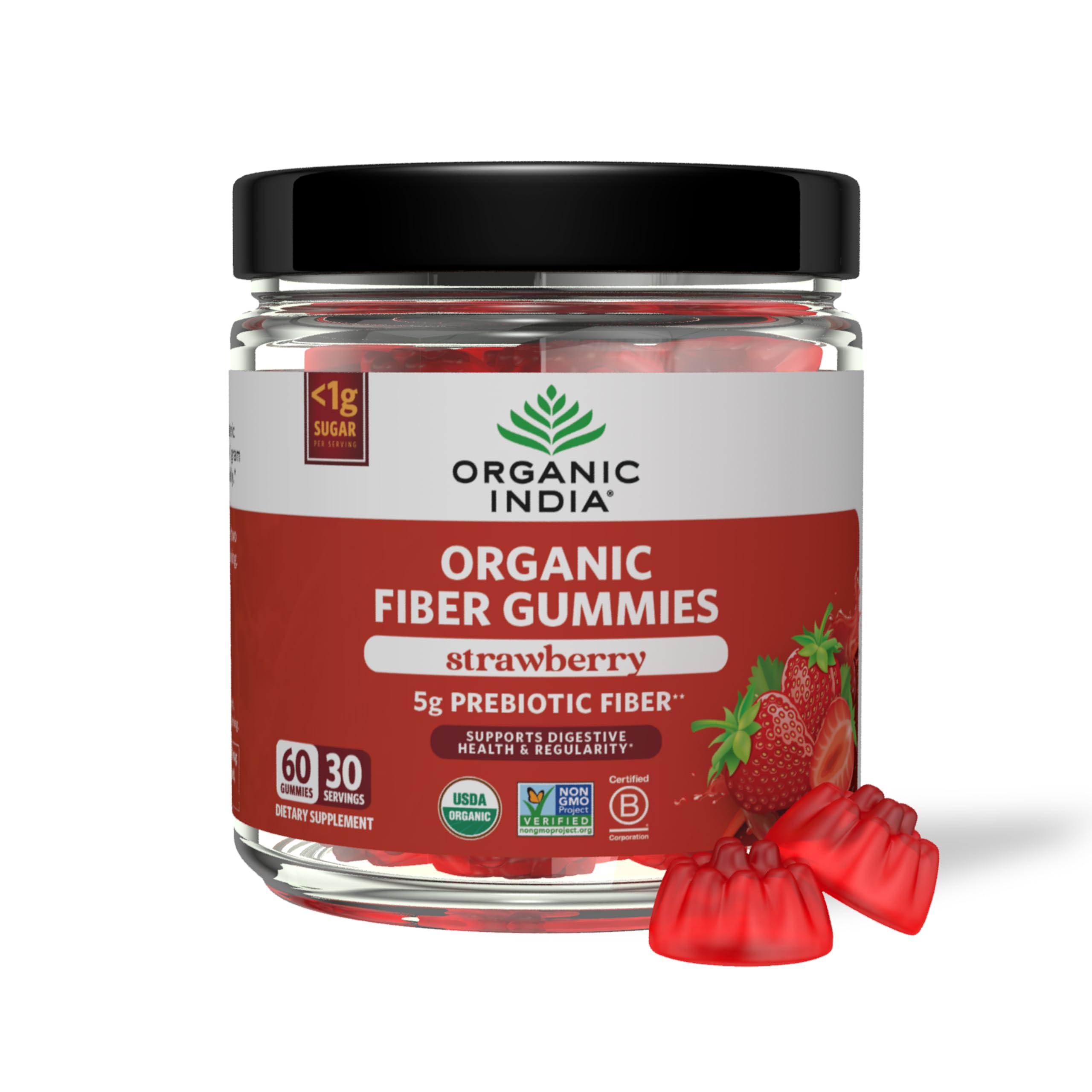 organic india fiber gummies bottle with strawberry flavor supports daily fiber intake.