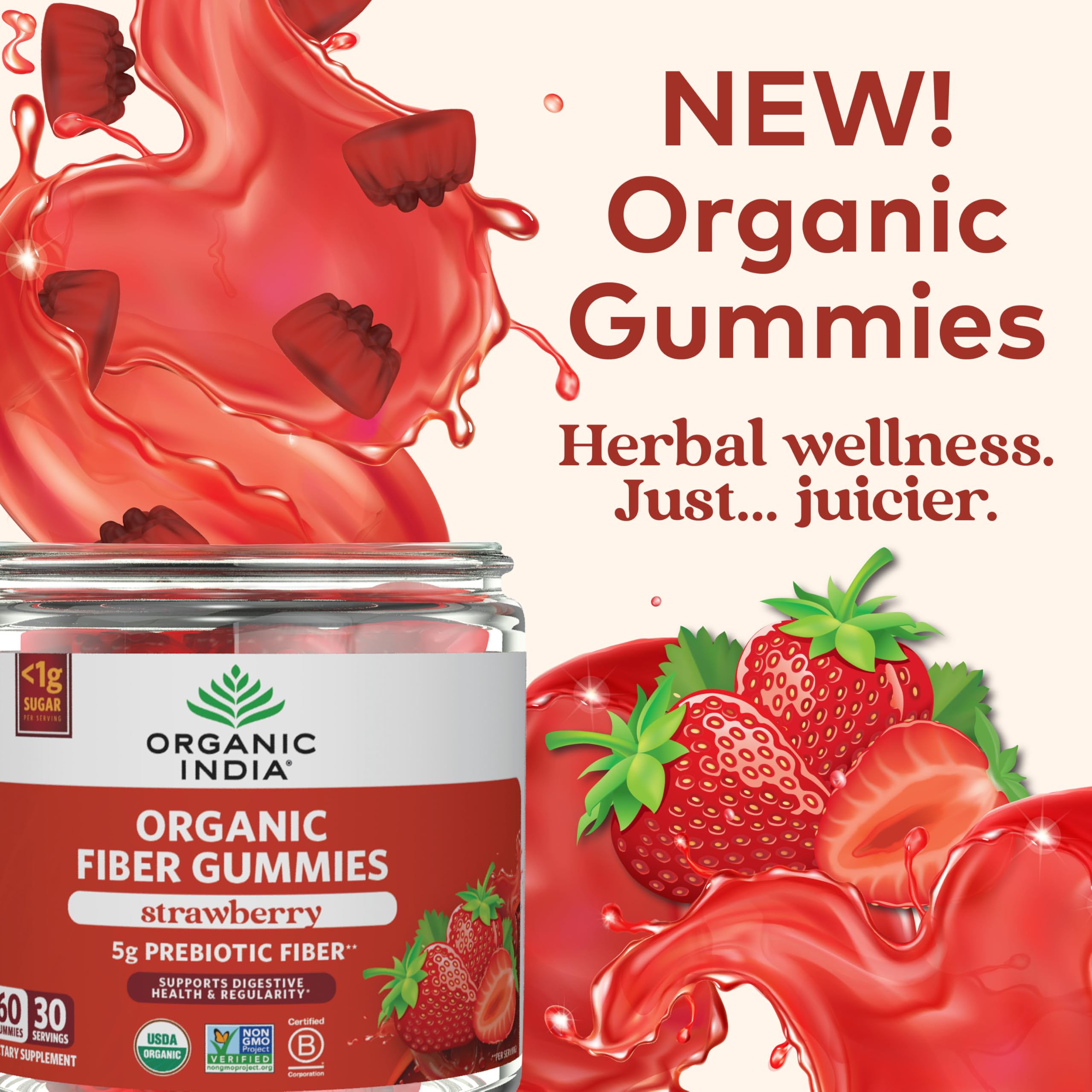 organic india fiber gummies closeup of strawberry gummy highlights real fruit flavor.