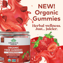 organic india fiber gummies closeup of strawberry gummy highlights real fruit flavor.