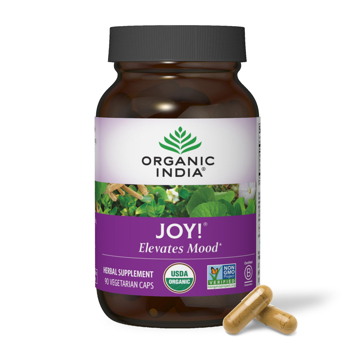Organic India Joy bottle front shows 90 capsules for daily immune support and focus.