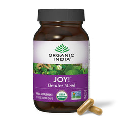 Organic India Joy bottle front shows 90 capsules for daily immune support and focus.