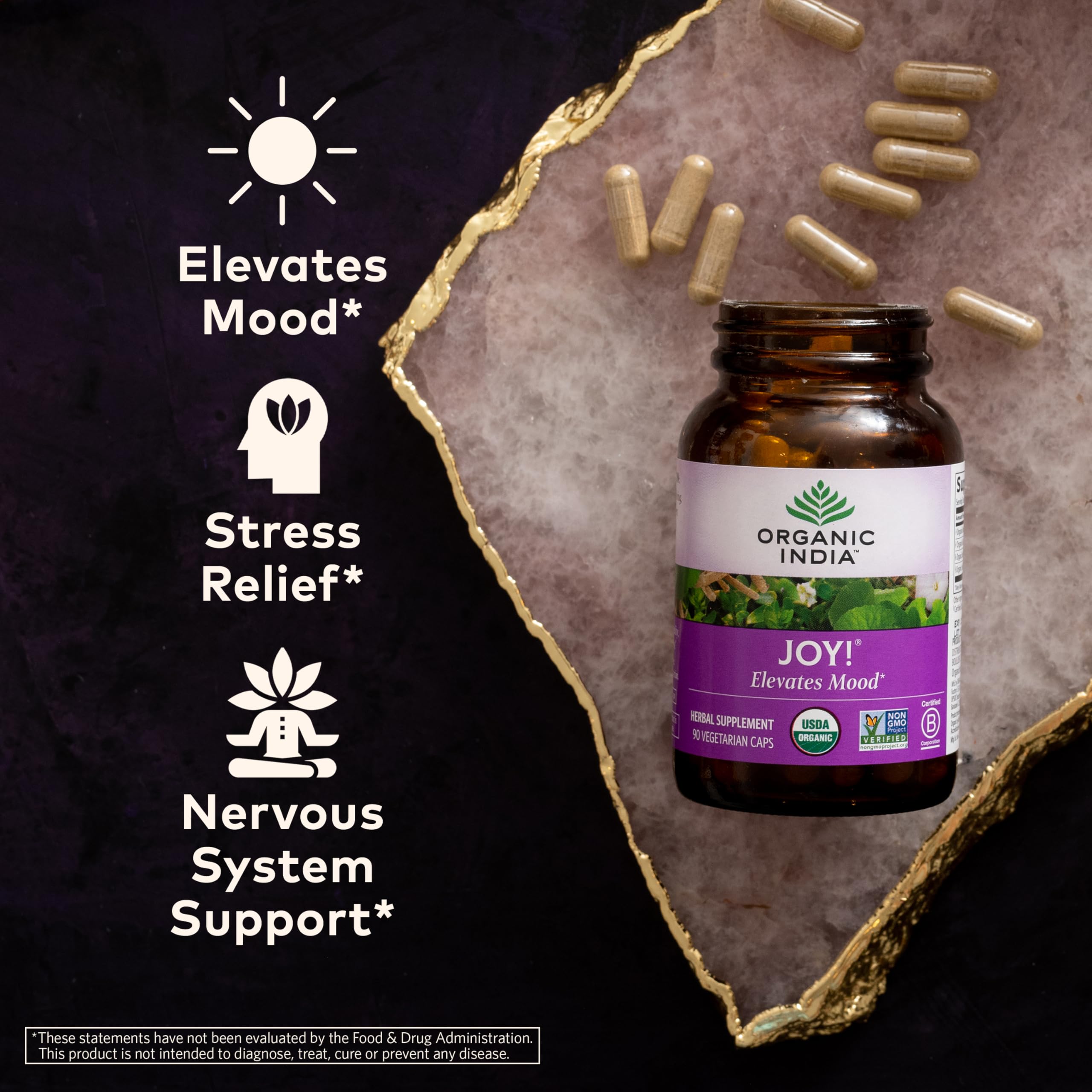 Organic India Joy capsules closeup highlighting vegan, gluten-free formula for everyday wellness.