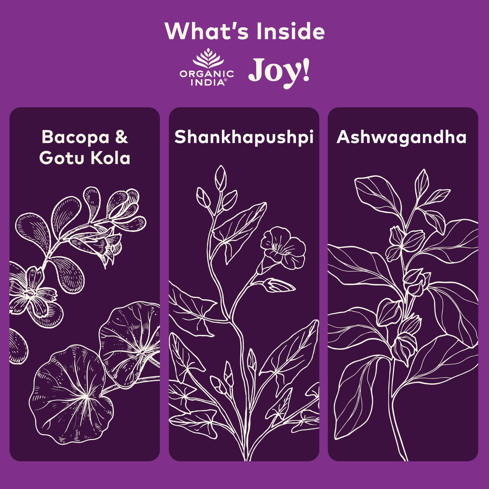 Organic India Joy label detail on bottle emphasizes USDA Organic and Non-GMO integrity.