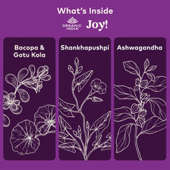Organic India Joy label detail on bottle emphasizes USDA Organic and Non-GMO integrity.