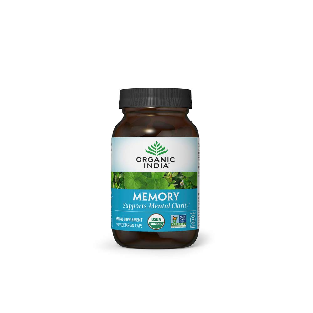 Organic India Memory bottle with front label highlighting Bacopa and Gotu Kola for memory support