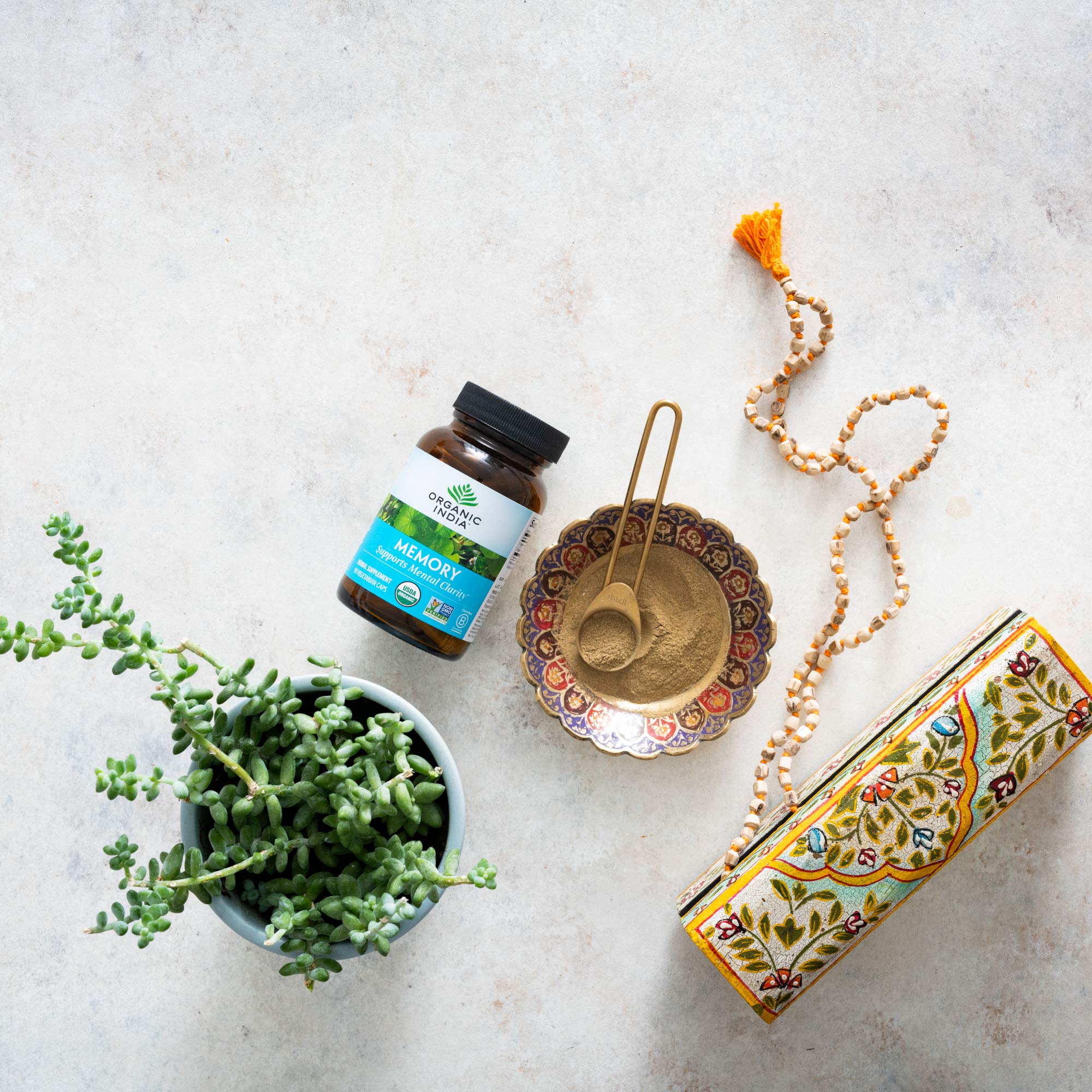 Organic India Memory capsules close-up showcasing vegan, gluten-free formulation