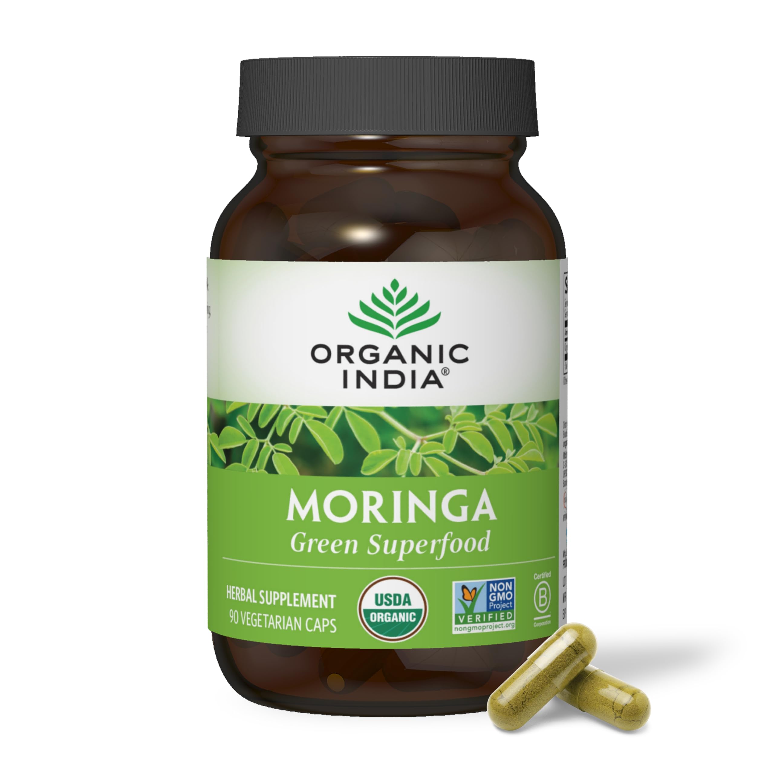 Organic India Moringa capsules bottle for daily energy and vitality.