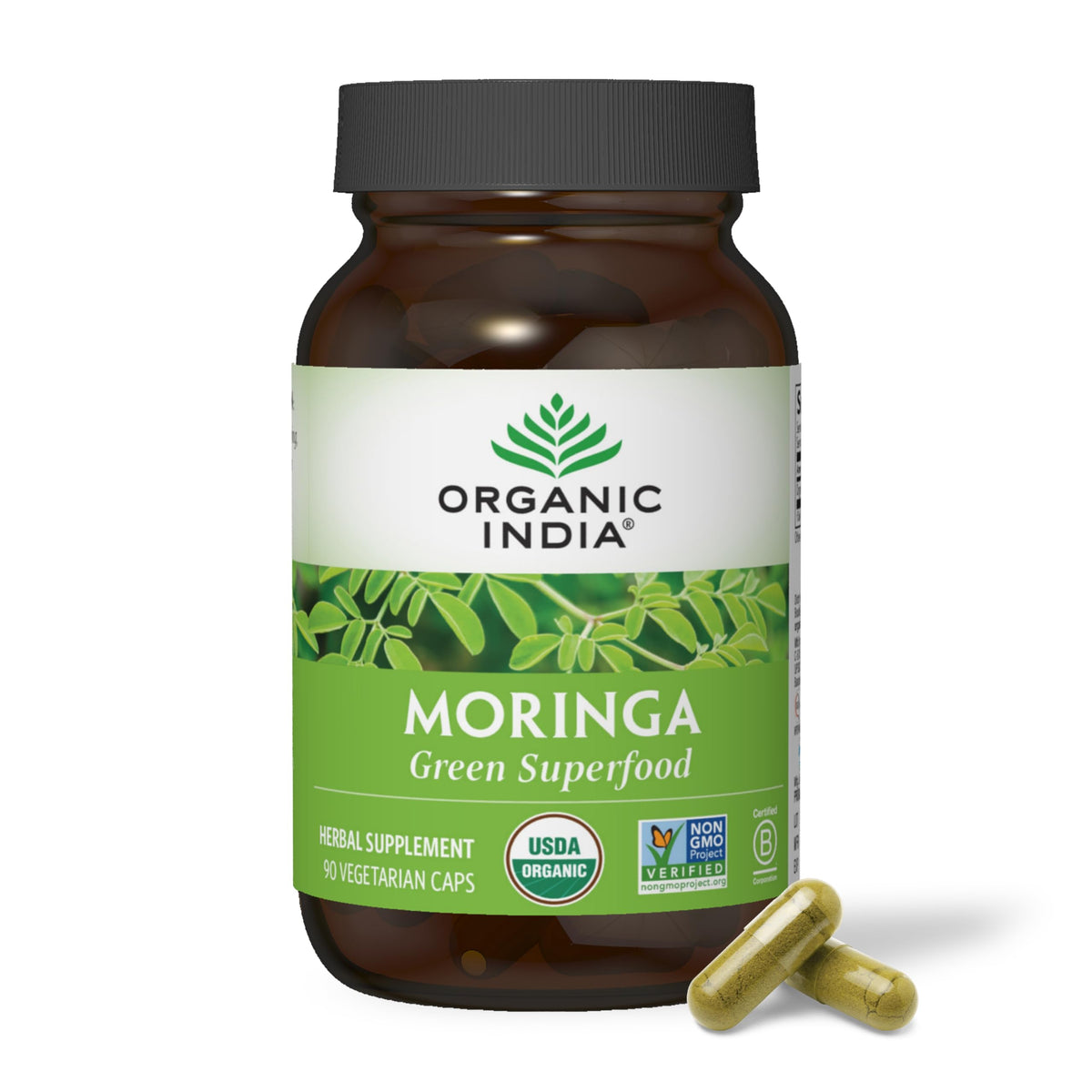 Organic India Moringa capsules bottle for daily energy and vitality.