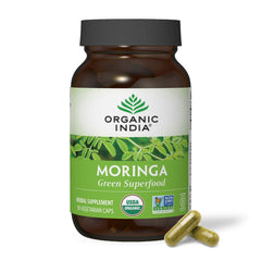 Organic India Moringa capsules bottle for daily energy and vitality.