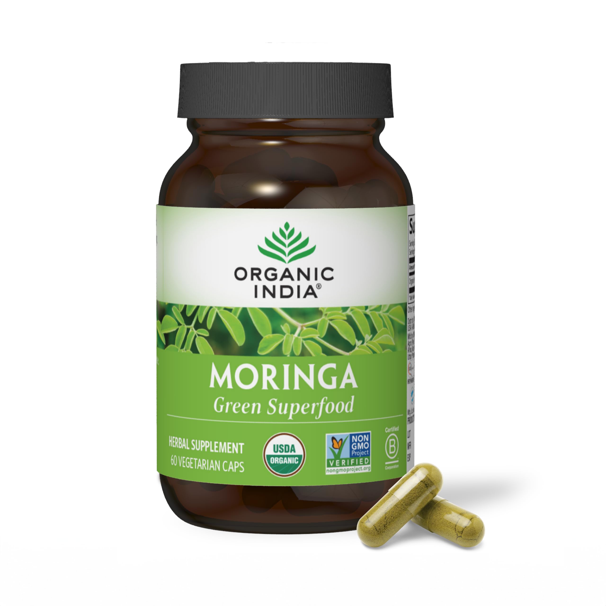 Organic India Moringa capsules bottle showing daily wellness support
