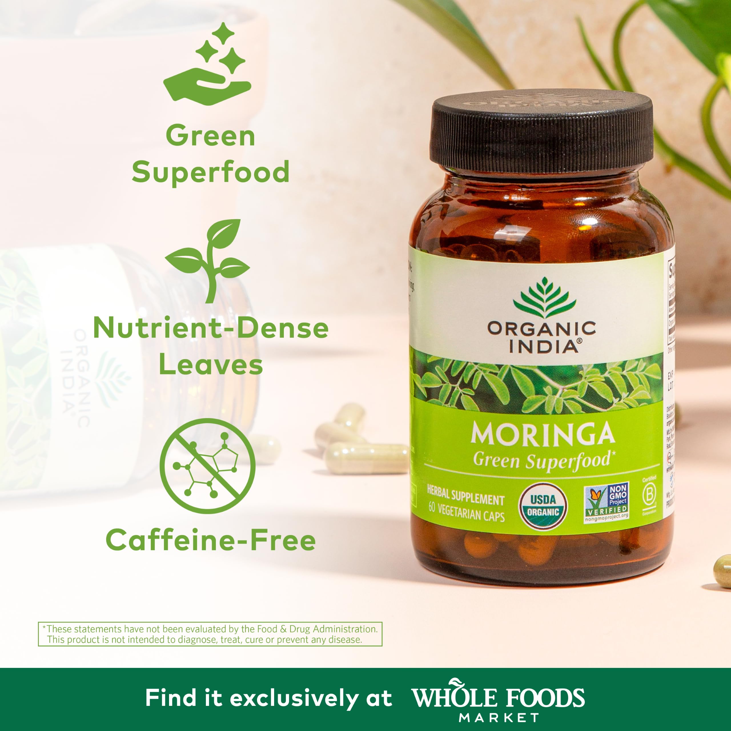 Organic India Moringa capsules label closeup highlighting formula