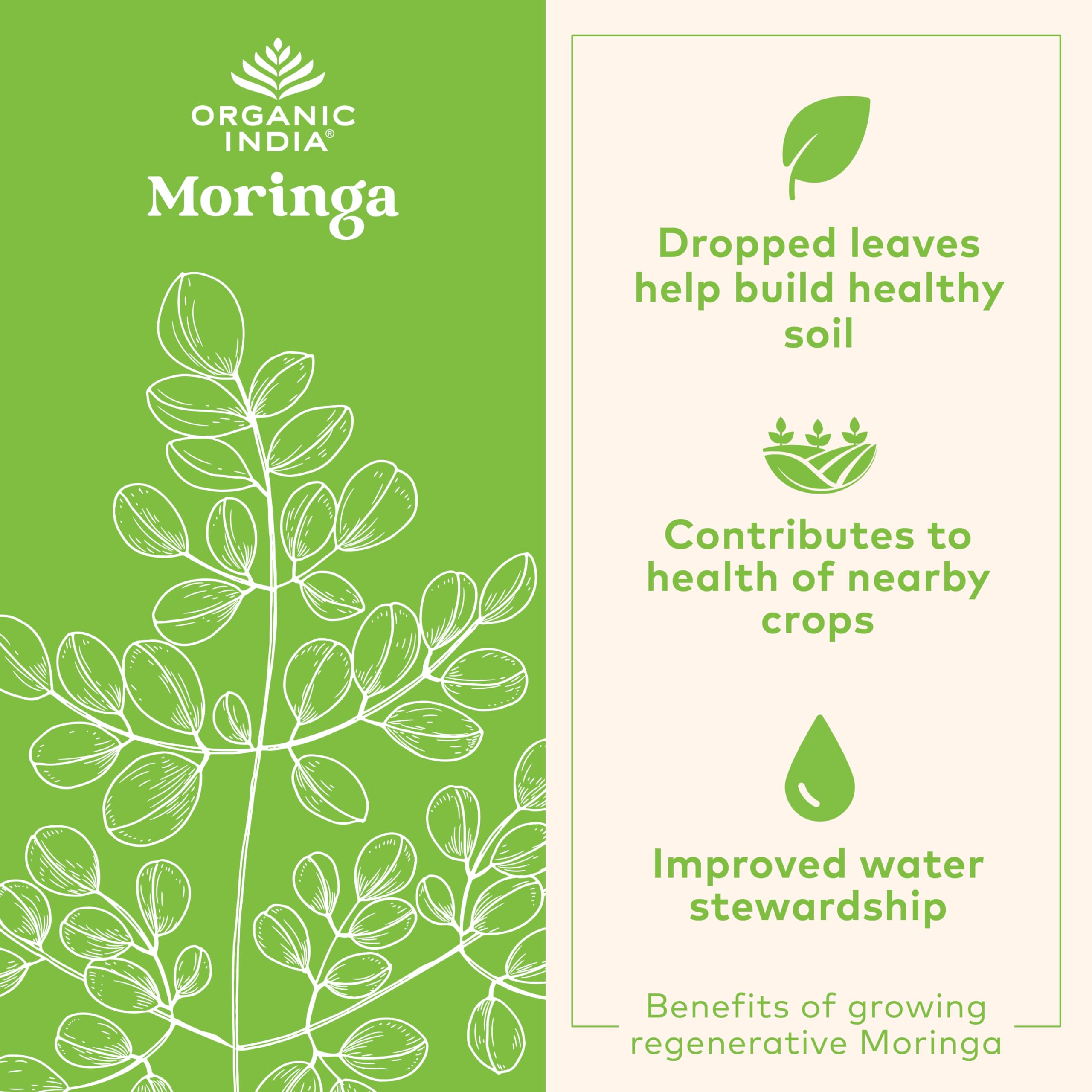 Organic India Moringa Capsules packaging with clean, pure plant-based promise