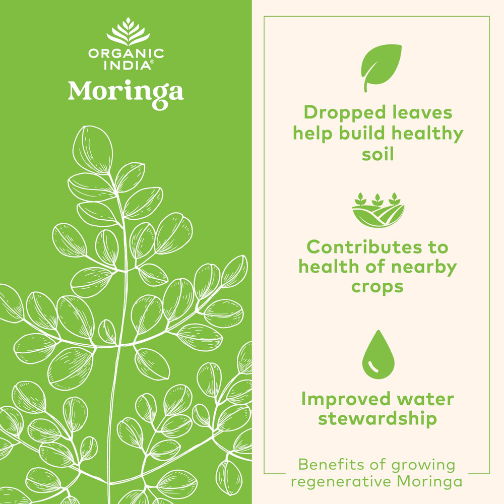 Organic India Moringa Capsules packaging with clean, pure plant-based promise