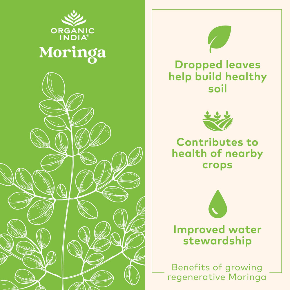 Organic India Moringa label organic confirms certified organic and trusted source.