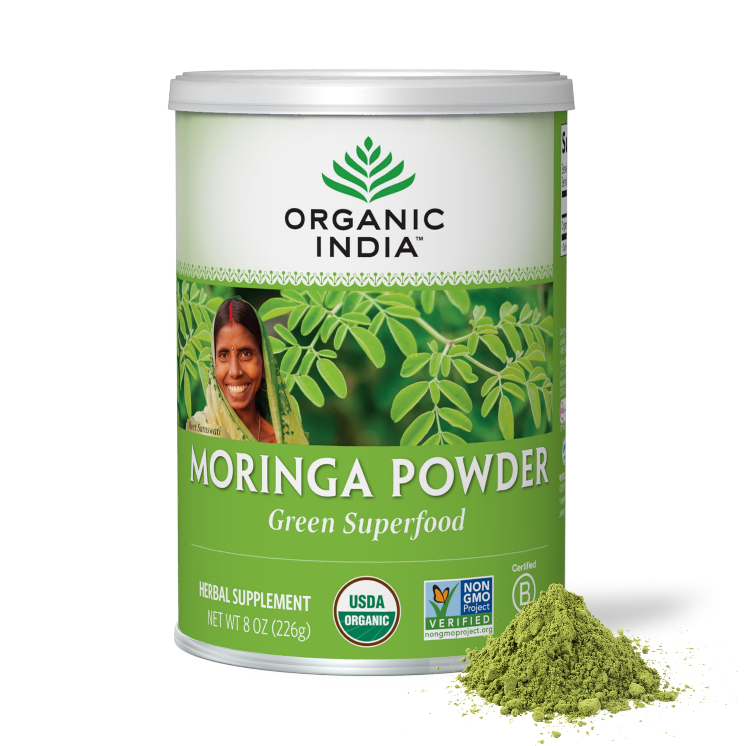 Organic India Moringa powder canister front with vibrant green powder for daily nutrition.