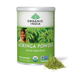 Organic India Moringa powder canister front with vibrant green powder for daily nutrition.