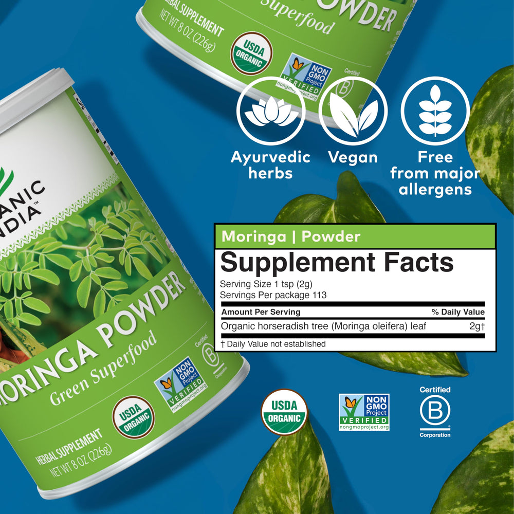 Kitchen setup featuring Organic India Moringa powder for daily routines.