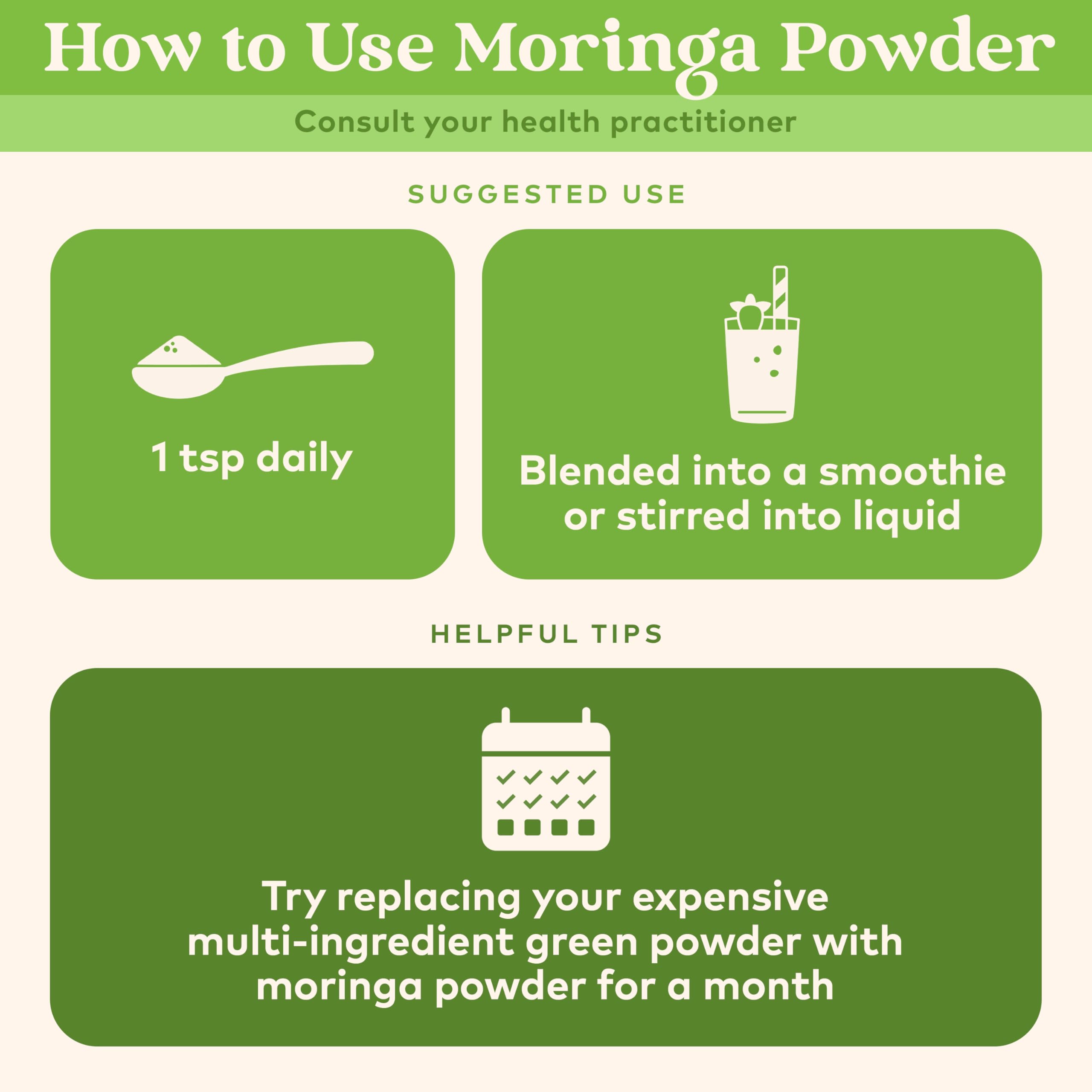 Scoop dispensing Organic India Moringa powder for easy serving in smoothies.