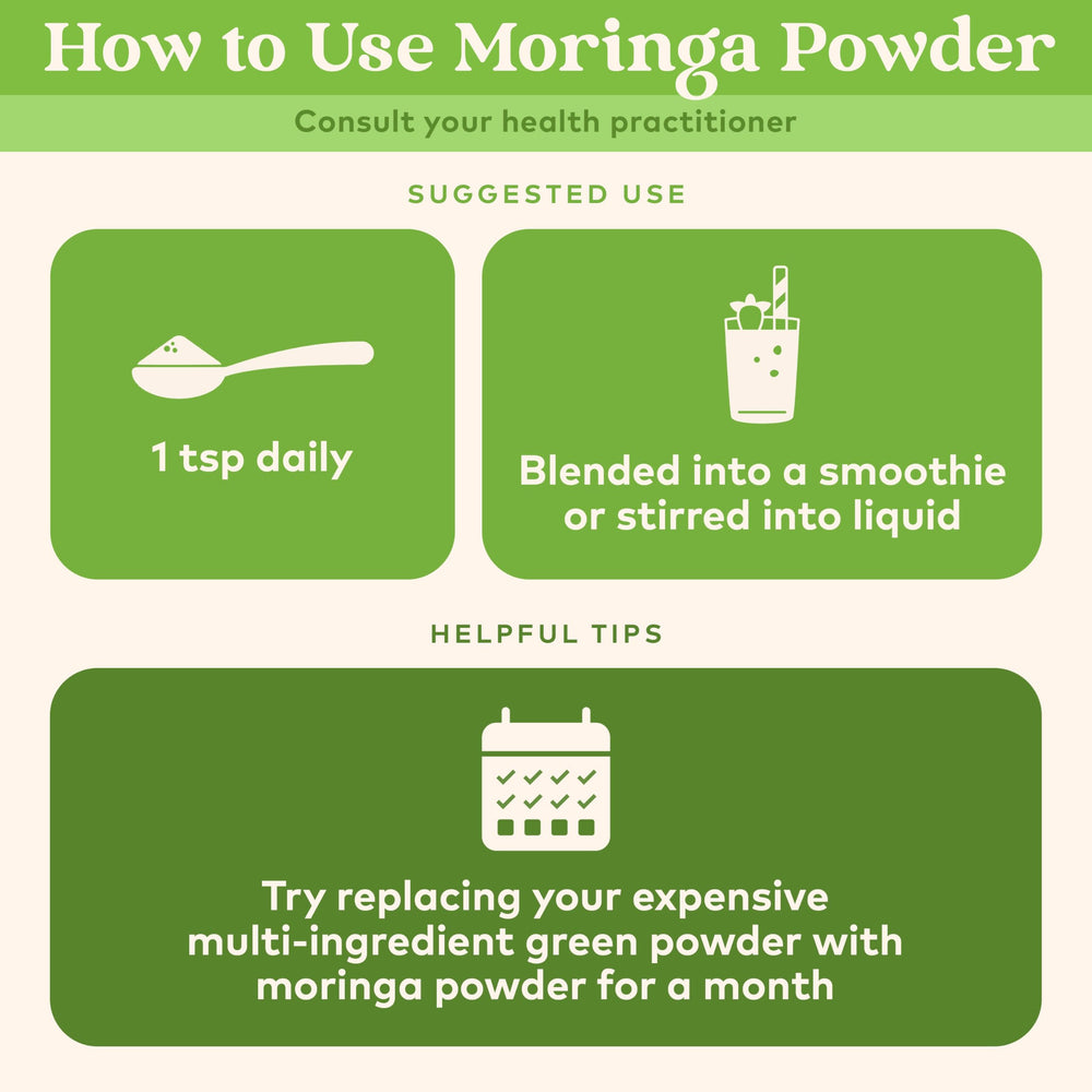 Scoop dispensing Organic India Moringa powder for easy serving in smoothies.