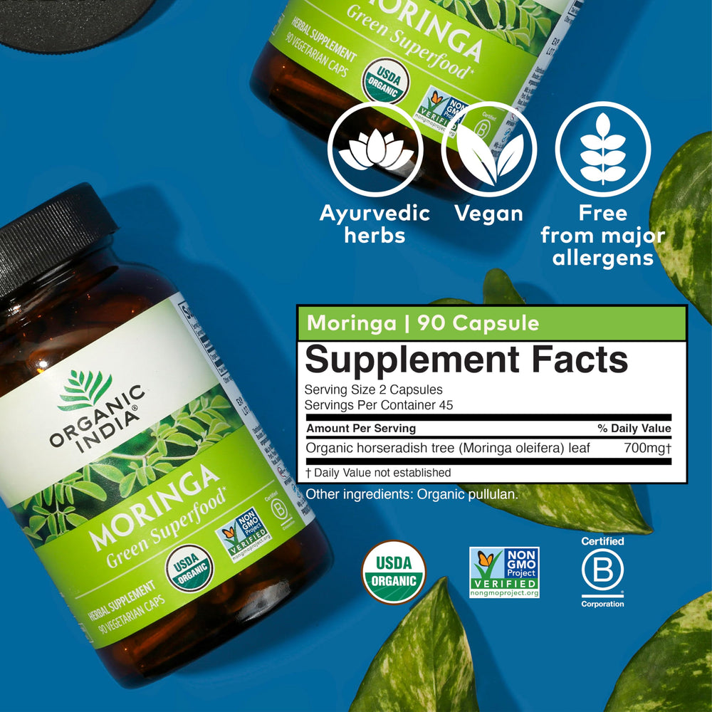 Organic India Moringa regenerative agriculture image emphasizes eco-friendly cultivation.
