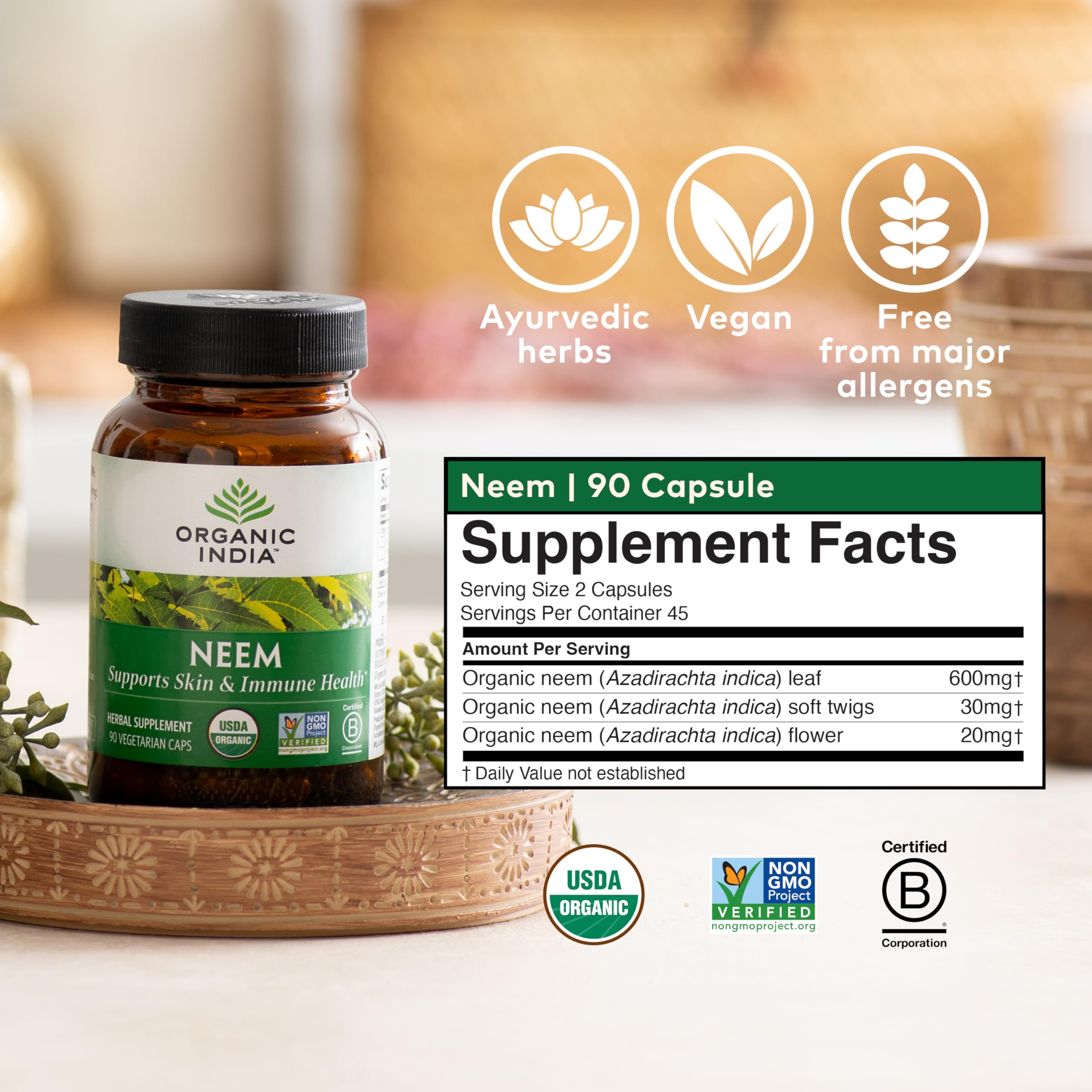 Immune-support focus: Organic India Neem Leaf Capsules imply potential immune benefits.