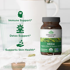 Neem leaves detail and Organic India Neem Leaf Capsules origin and natural sourcing.