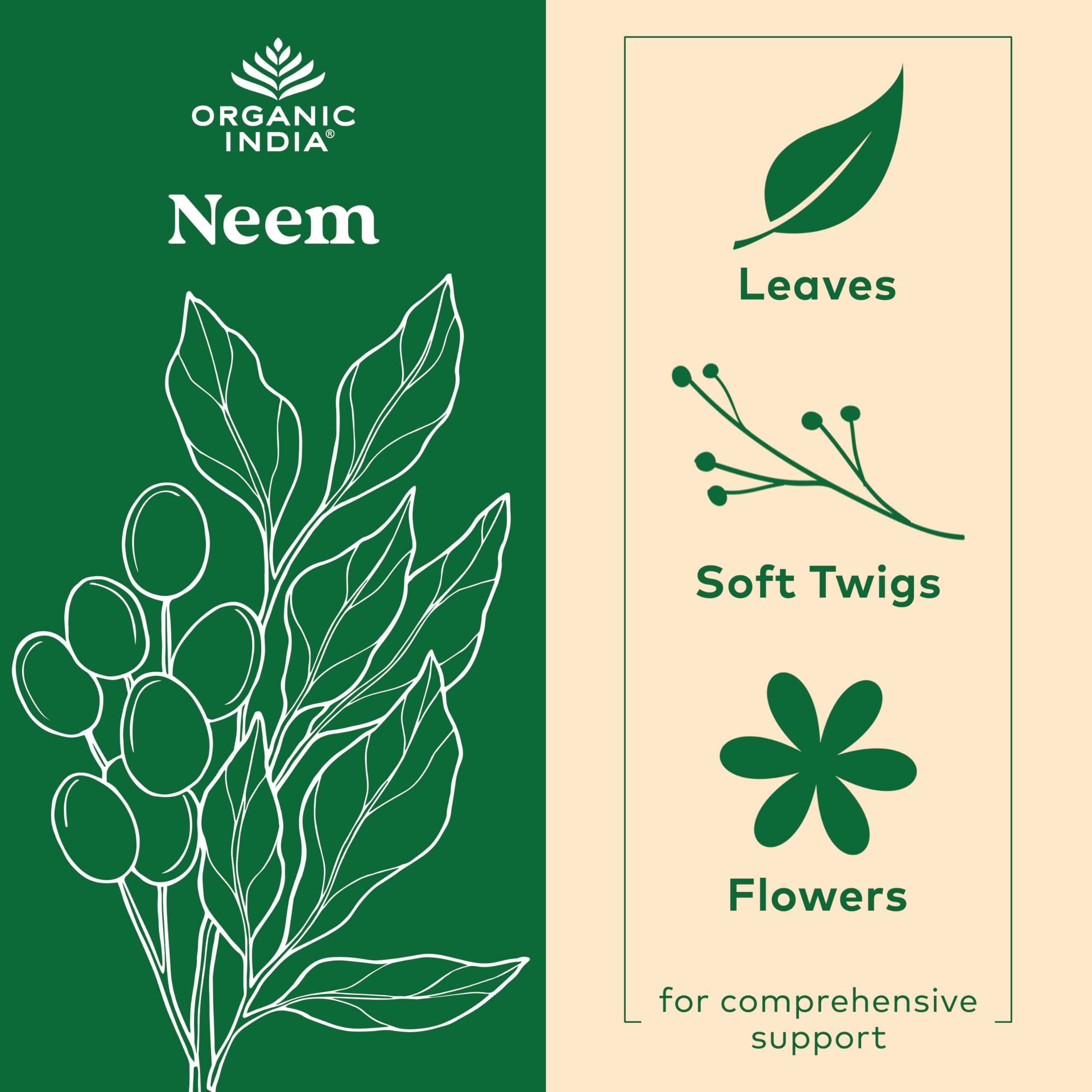 Organic India Neem Leaf Capsules packaging box highlighting organic, vegan, gluten-free formula.