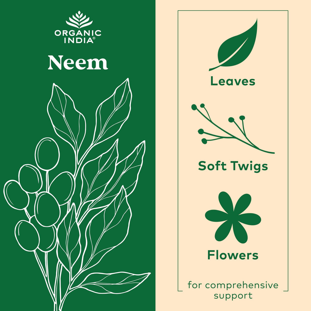 Organic India Neem Leaf Capsules packaging box highlighting organic, vegan, gluten-free formula.