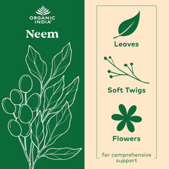 Organic India Neem Leaf Capsules packaging box highlighting organic, vegan, gluten-free formula.