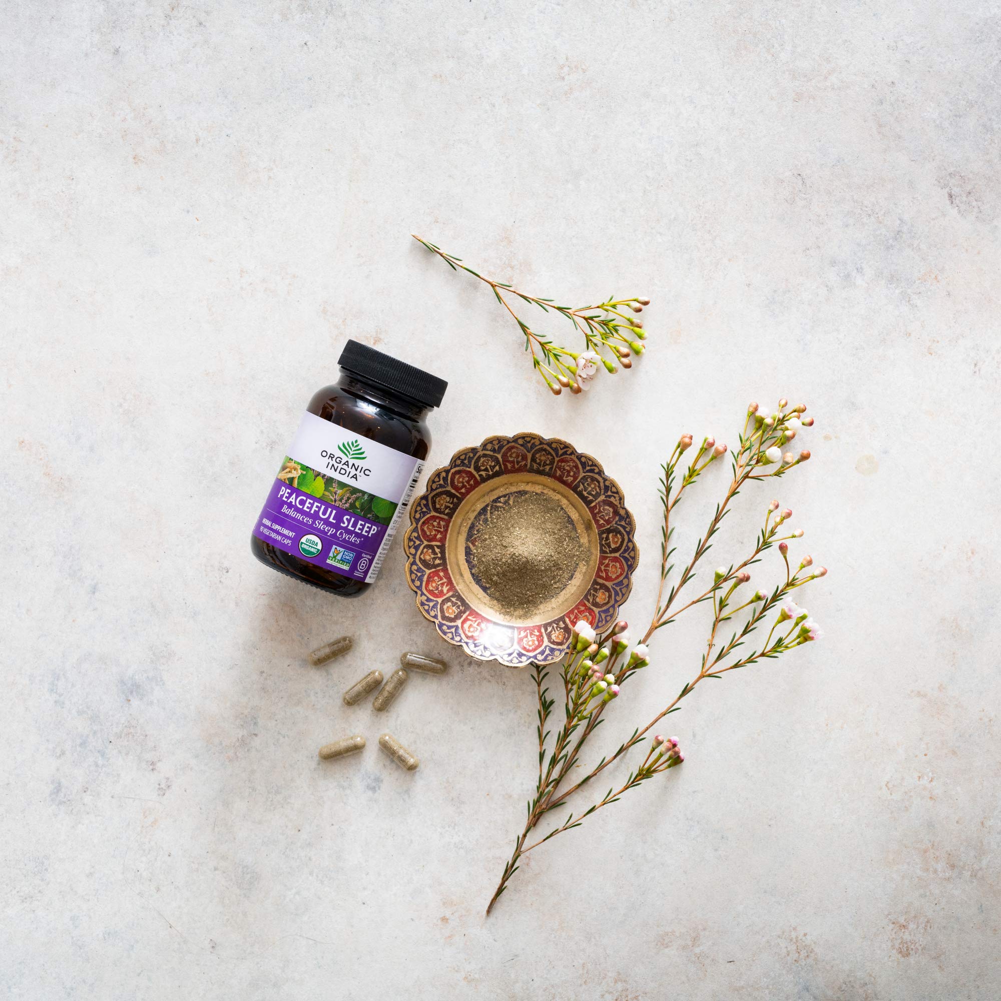 Organic India Peaceful Sleep ingredients: Ashwagandha, Tulsi, Gotu Kola