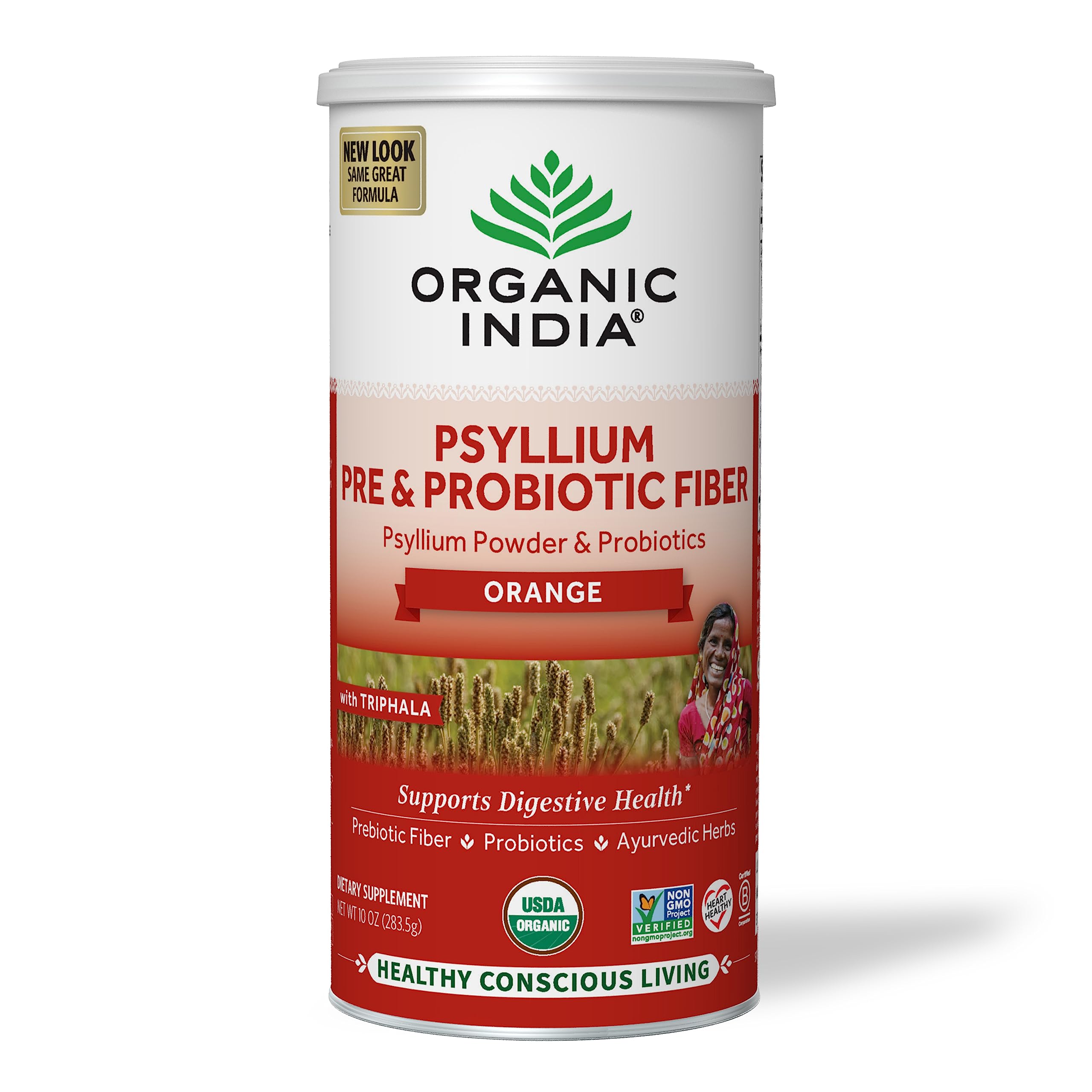 Organic India psyllium husk orange container promotes daily digestion with convenient fiber