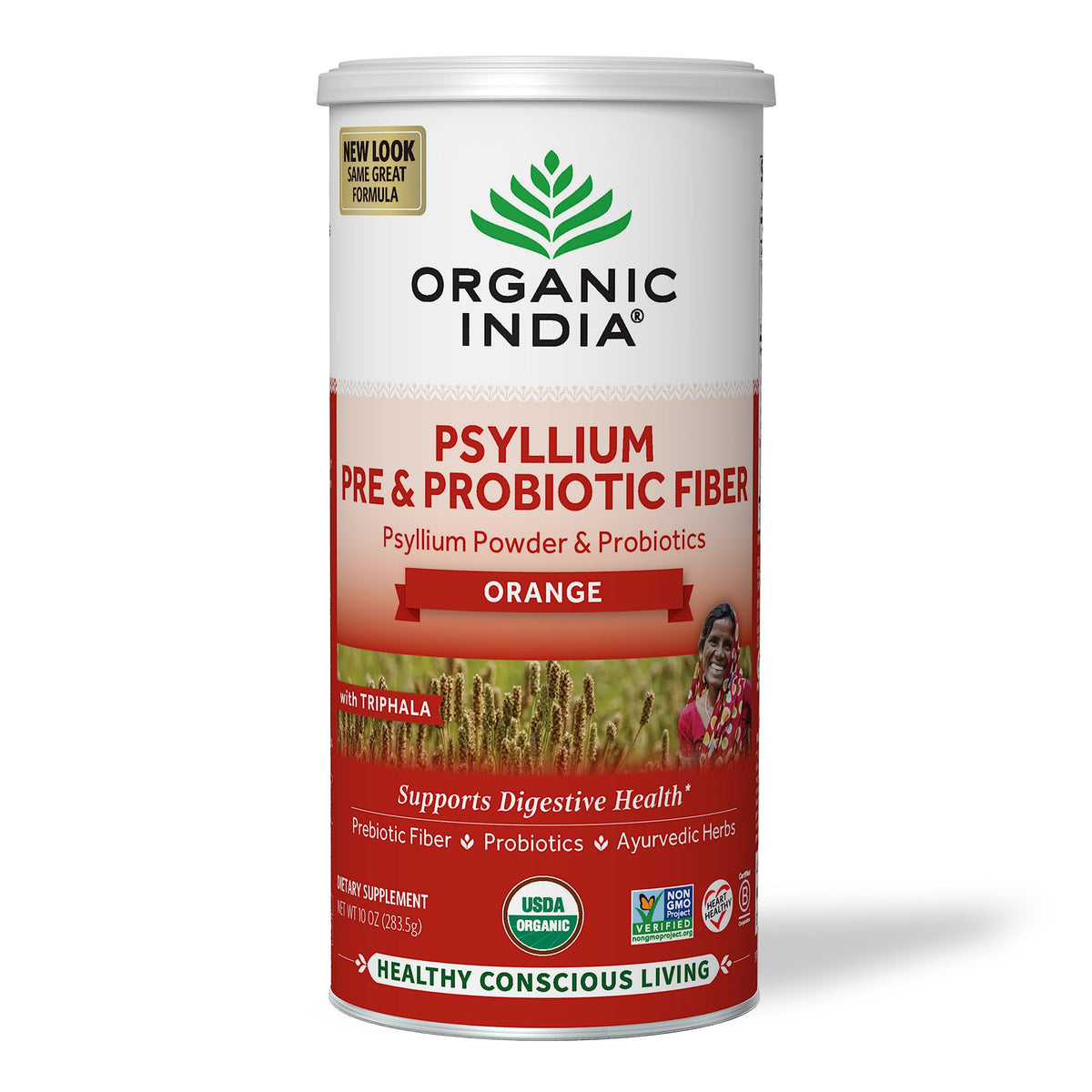 Organic India psyllium husk orange container promotes daily digestion with convenient fiber