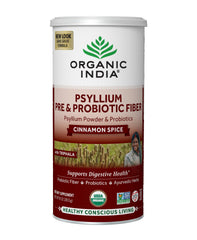 Organic India Psyllium Husk Powder bottle with cinnamon flavor for easy daily fiber.