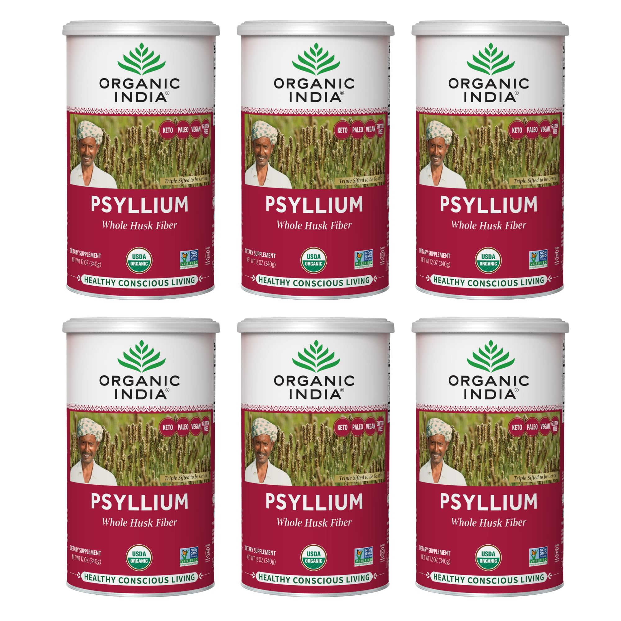 Organic India psyllium husk canister viewed for daily fiber support.