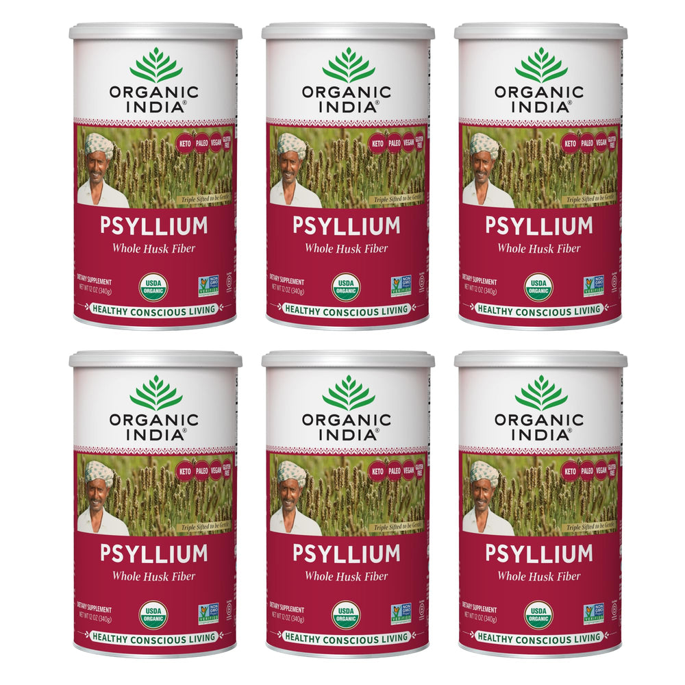 Organic India psyllium husk canister viewed for daily fiber support.
