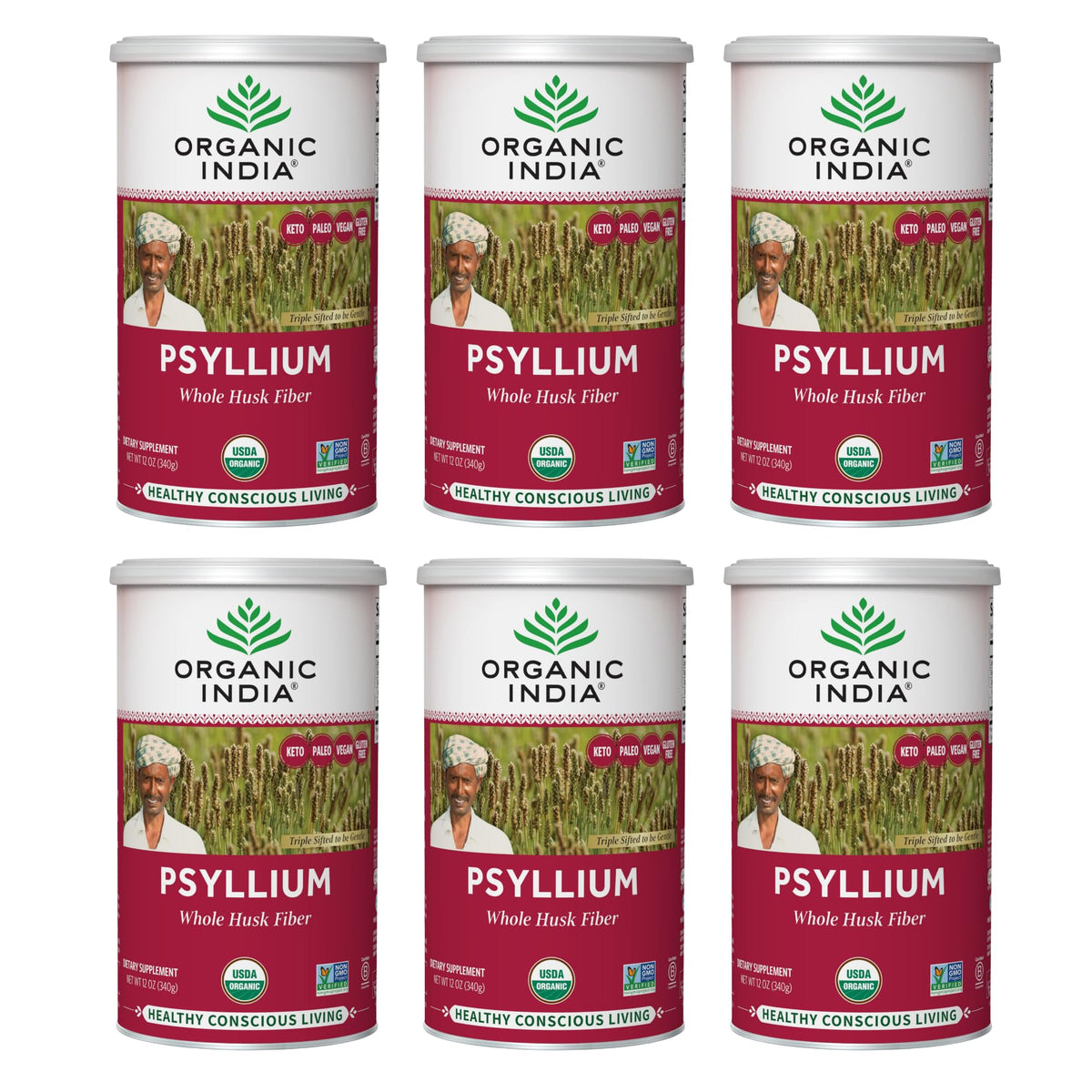 Organic India psyllium husk canister viewed for daily fiber support.