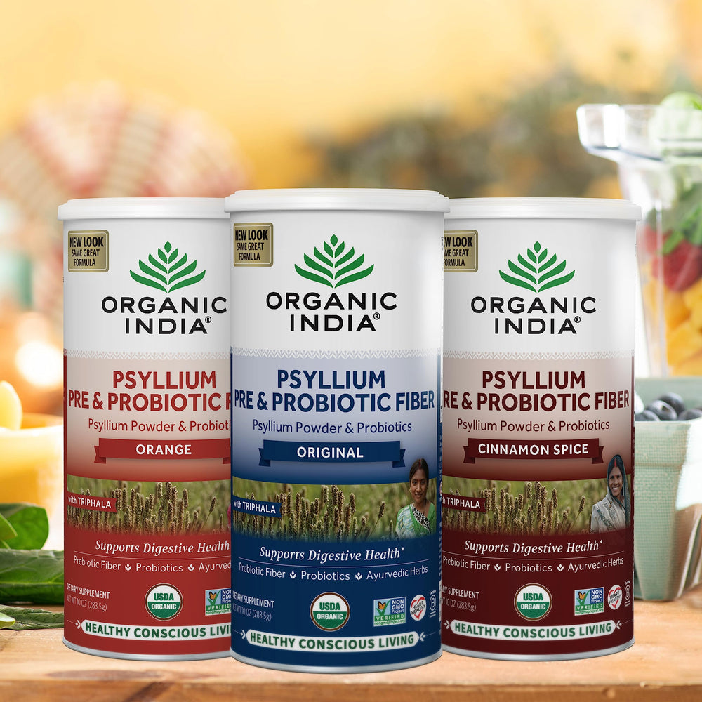 Organic India Psyllium Husk Powder probiotic bottle shows 1B CFU per serving.