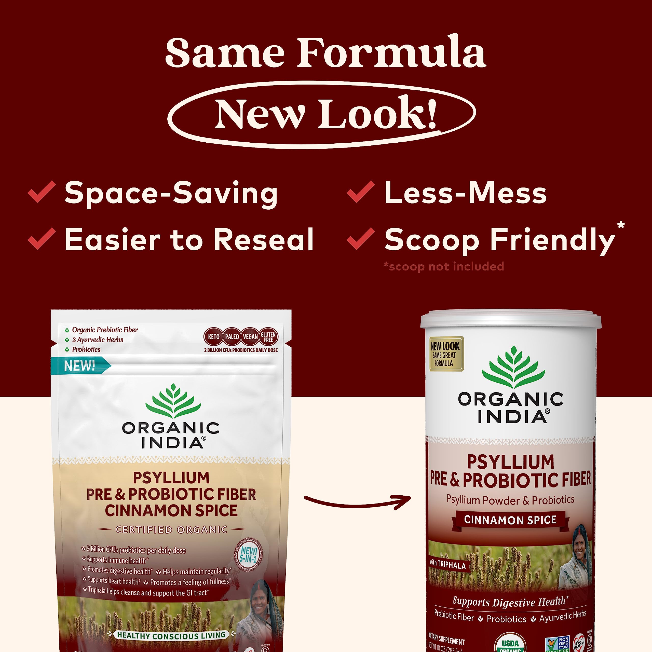 Organic India Psyllium Husk Powder scoop measuring powder for quick fiber addition.