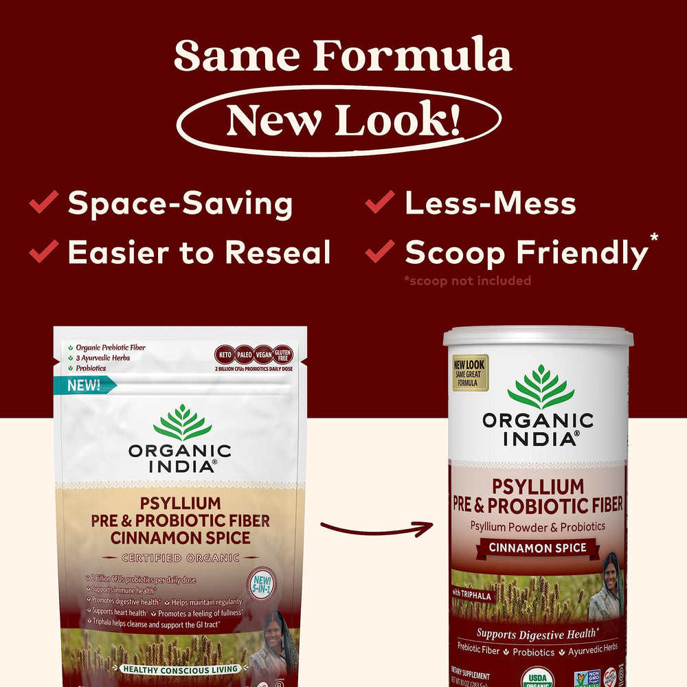 Organic India Psyllium Husk Powder scoop measuring powder for quick fiber addition.