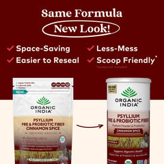 Organic India Psyllium Husk Powder scoop measuring powder for quick fiber addition.