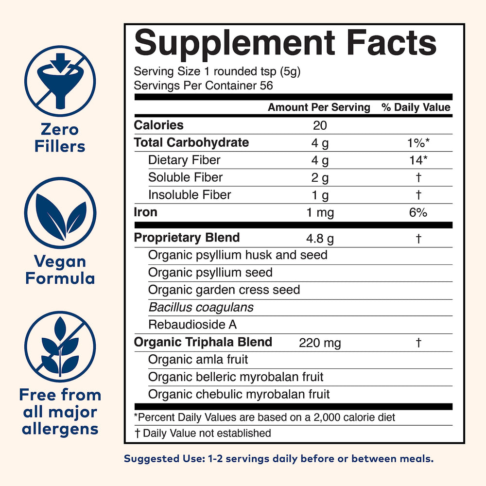 Organic India Psyllium Husk Powder Bacillus Coagulans probiotic label visible.