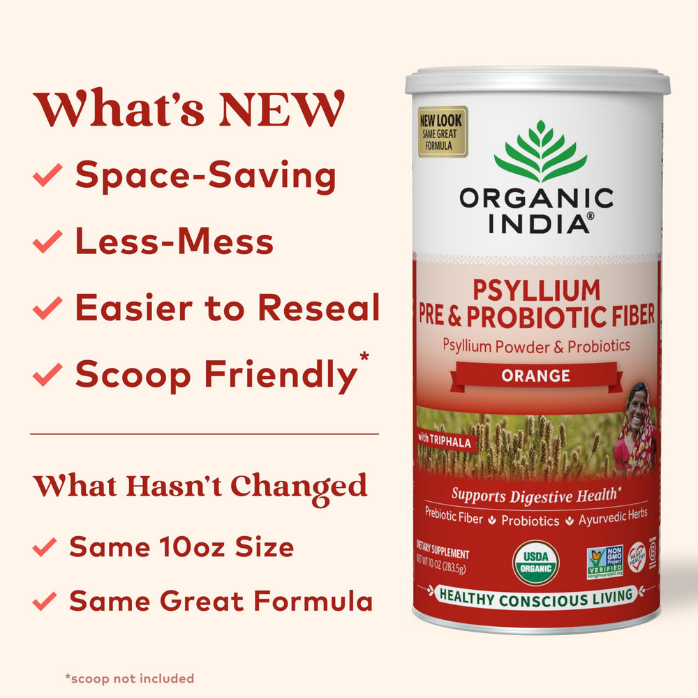 Organic India psyllium husk orange farm scene emphasizes regenerative agriculture