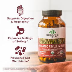 Organic India Psyllium Powder bottle-label shows organic sourcing benefits.