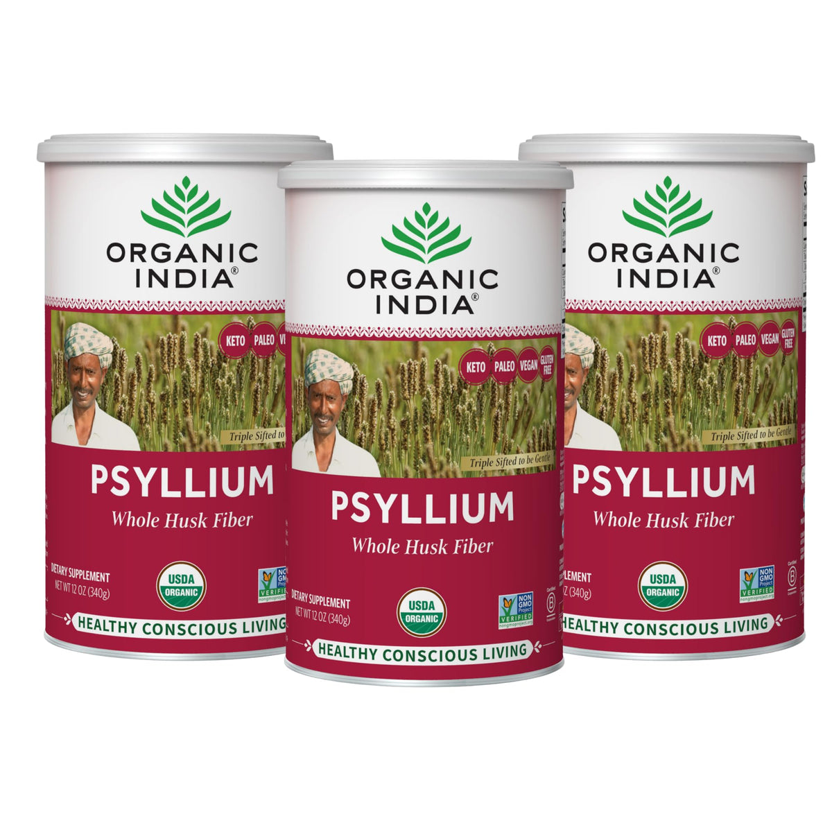 Organic India Psyllium powder bottle shows whole husk fiber for gentle elimination.