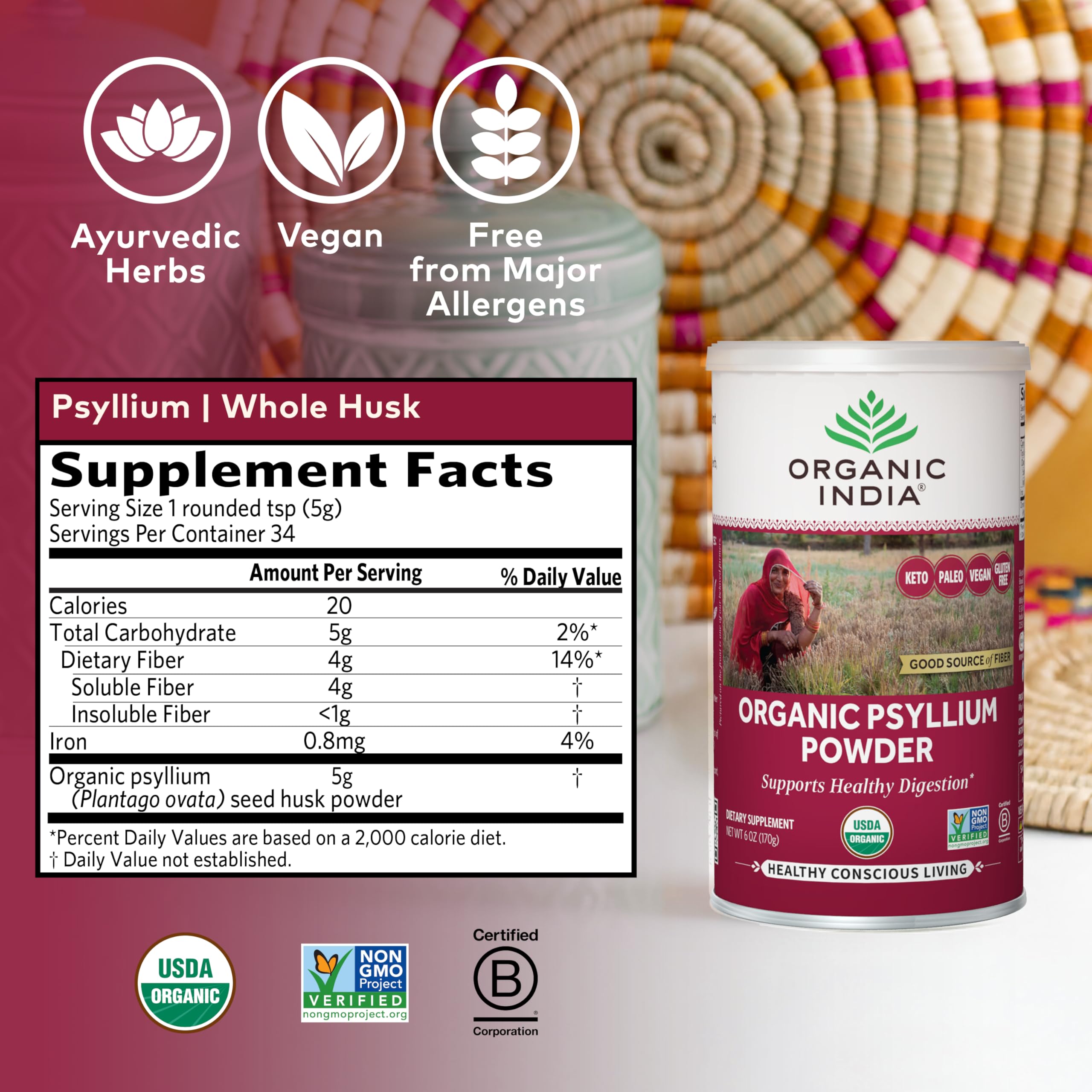 ORGANIC INDIA Psyllium Powder in smoothie highlights convenient daily fiber support.