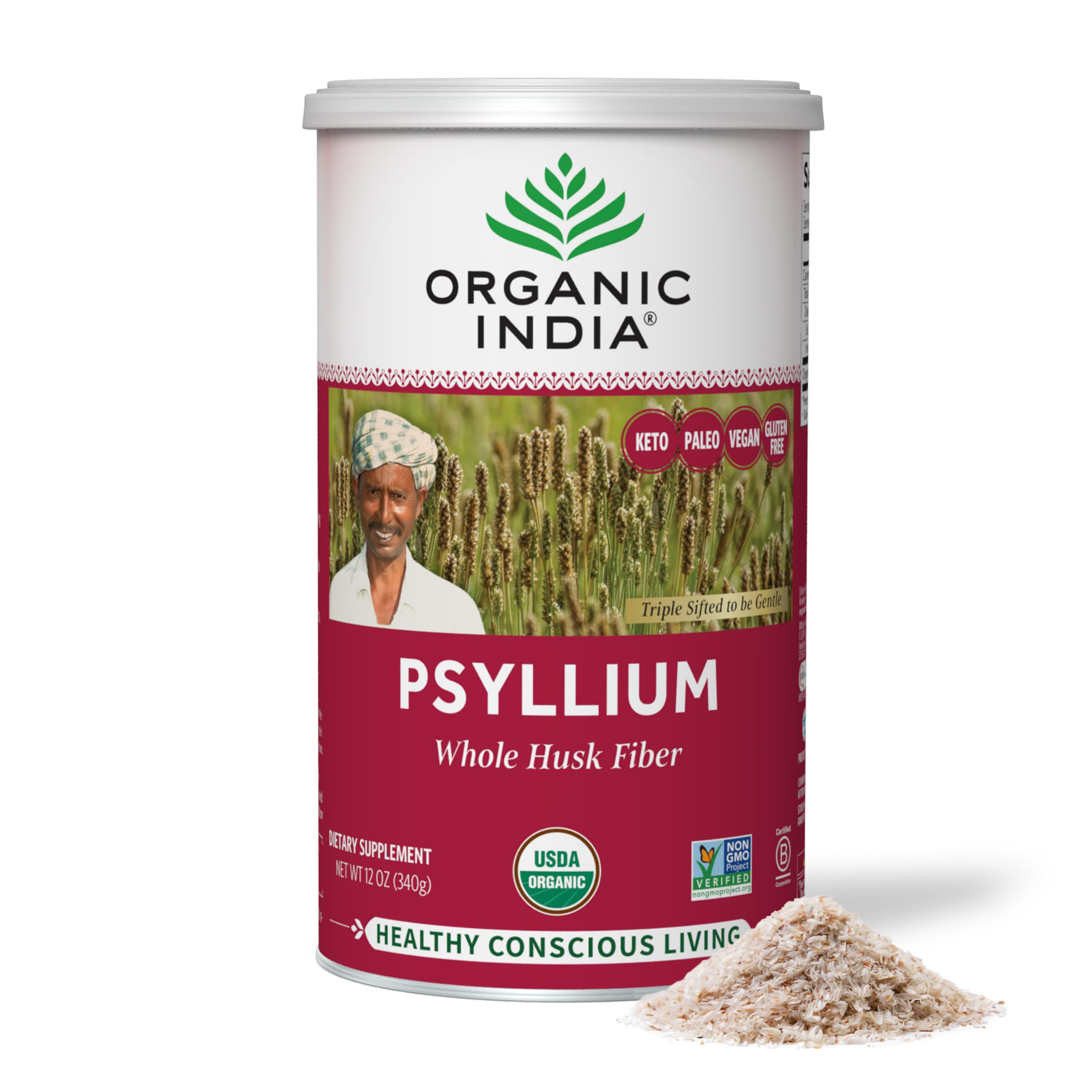 Organic India psyllium powder stirred into water for easy fiber intake.