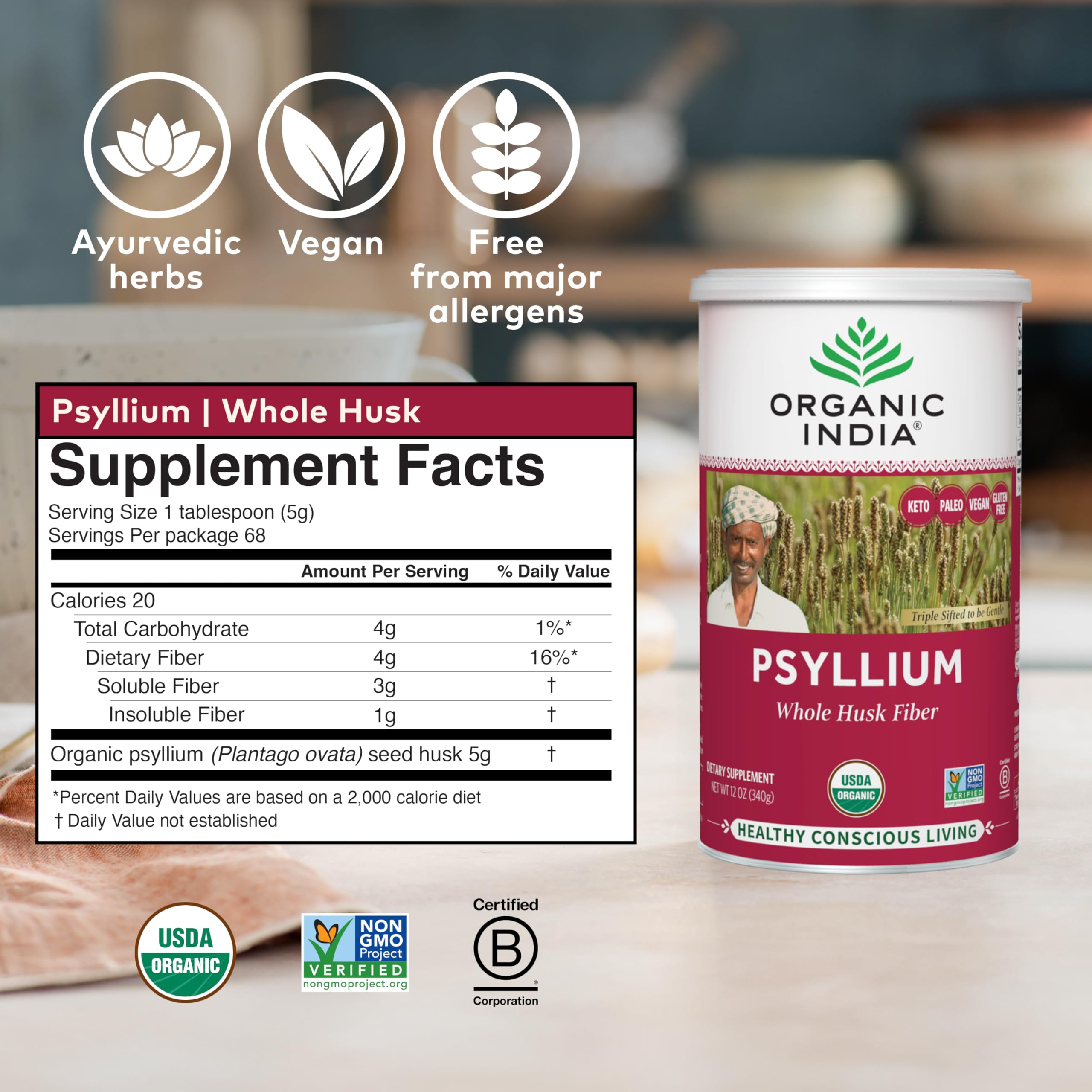 Organic India psyllium powder scoop ready to measure for fiber routines.