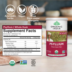 Organic India psyllium powder scoop ready to measure for fiber routines.